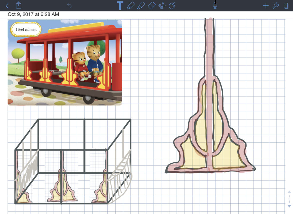 Screen-capture of my sketch of the Daniel Tiger trolley project.